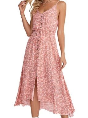 BROVAVE Dress Womens M Pink Floral Button Front Maxi Hi Low Sundress Boho